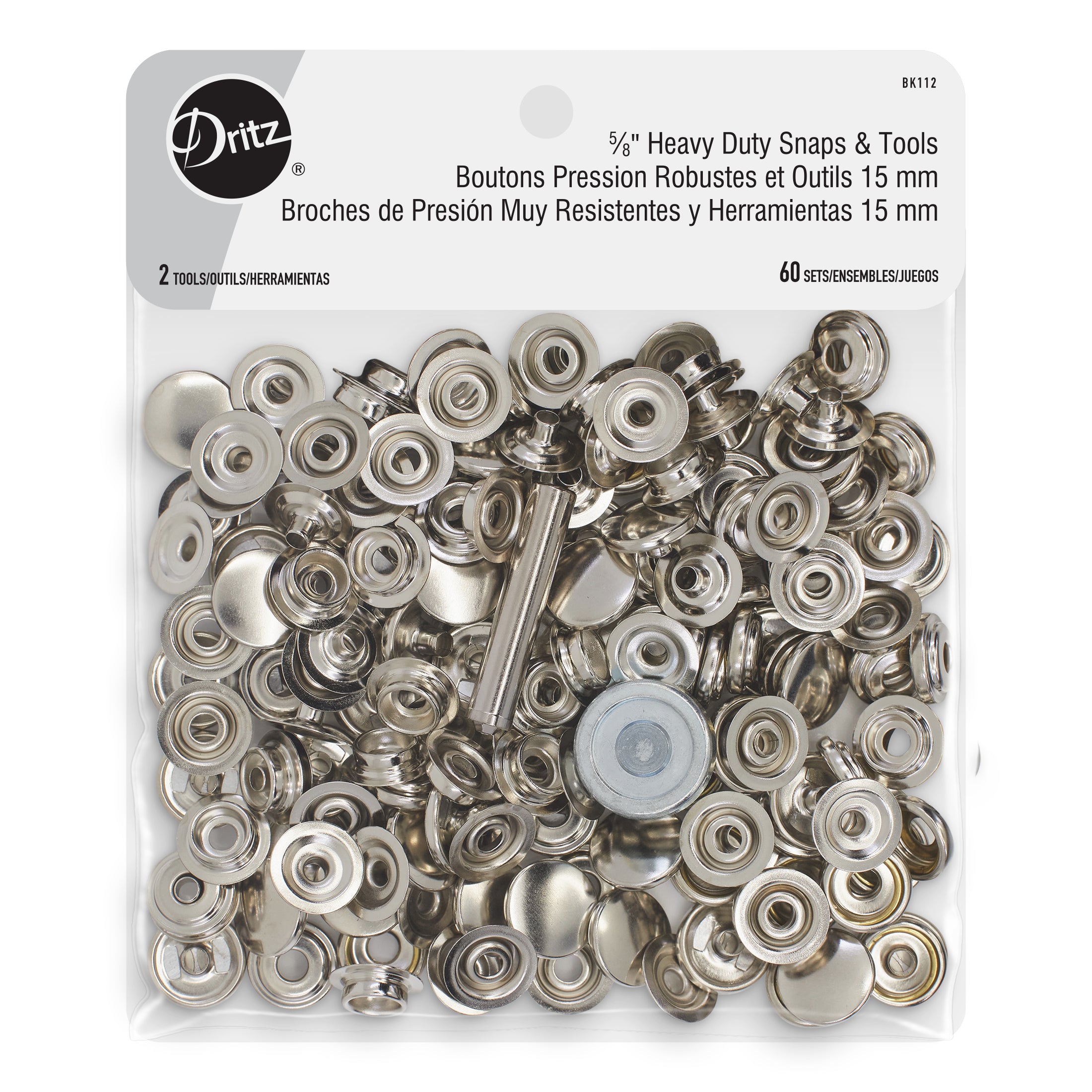 Dritz 5∕8 inch Heavy Duty Snaps & Tools, 60 Sets, Nickel