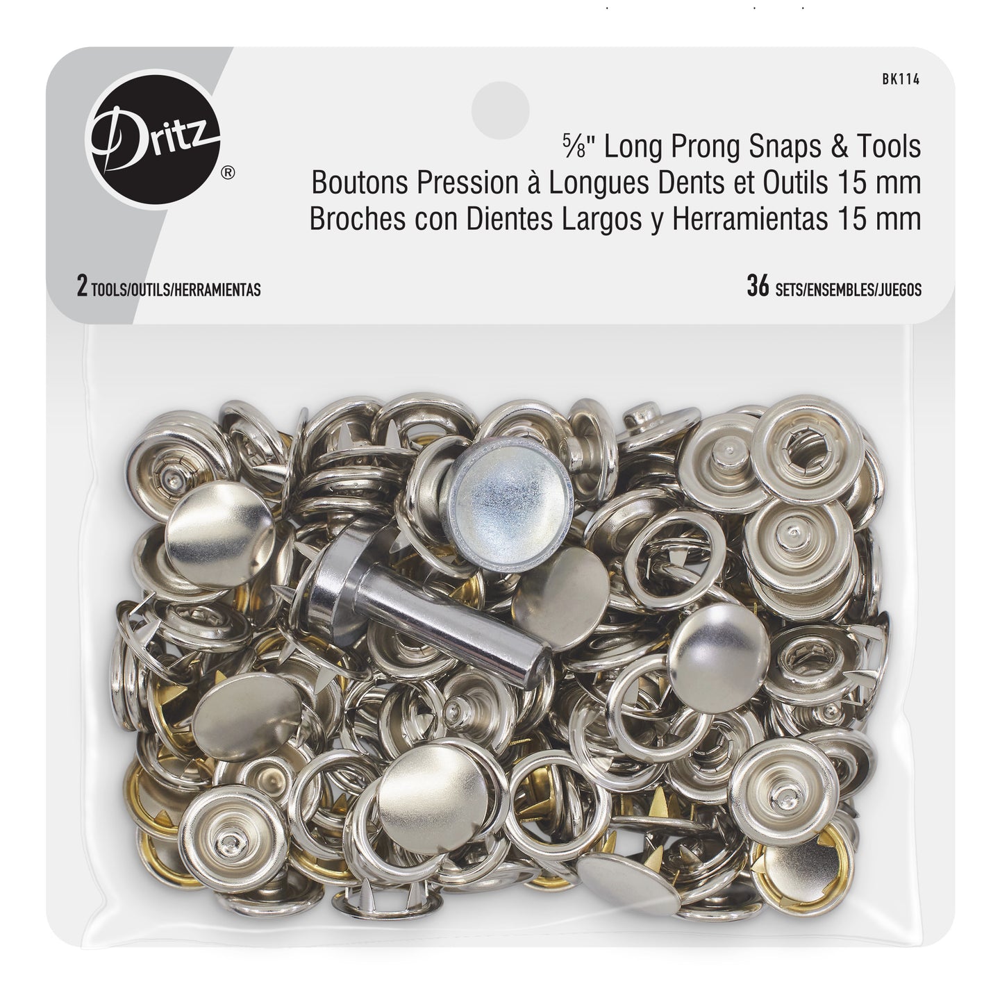 Dritz 5∕8 Long Prong Snaps & Tools, 36 Sets, Nickel